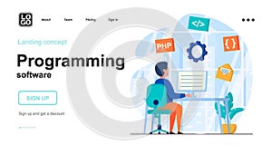Programming software web concept. Programmer develops application, coding code, work on computer. Template of people scene. Vector