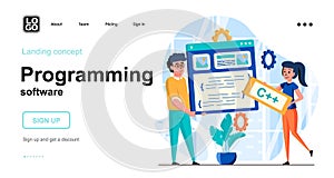 Programming software web concept. Team programmers creates software, programs, working together. Template of people scenes. Vector