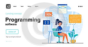 Programming software web concept. Woman coding code, programs in different programming languages. Template of people scene. Vector