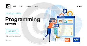 Programming software web concept. Woman develops layout of program