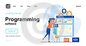 Programming software web concept. Woman develops layout of program, creates application interface. Template of people scene.