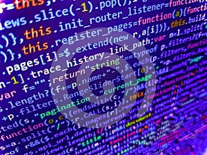 Programming source code abstract screen of software developer. Abstract source code background. Php code on blue background in