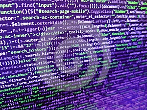Programming source code abstract screen of software developer. Data bits computer bits, shadow and dark vignette effect. Modern