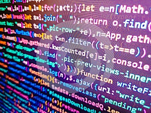 Programming source code abstract screen of software developer. Displaying program code on computer. Digital binary data on