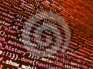Programming source code abstract screen of software developer. Javascript functions, variables, objects. Binary computer code