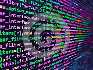 Programming source code abstract screen of software developer. Programmer developer screen. WWW software development. Close up of