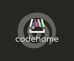 Programming source code and house graphic design. Software developer and home with roof logo design