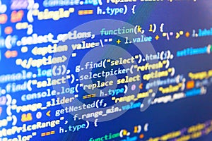 Programming source code HTML for Website development. IT business. Program code with display. Hacker background. Programmer