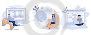 Programming team concept. Computer games, virtual world and IoT development, VR graphic design, testing and deployment, Internet