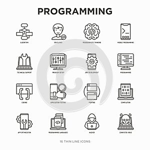 Programming thin line icons set: developer, code, algorithm, technical support, program setup, porting, compilation, app testing,