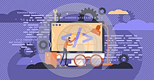 Programming vector illustration. Flat tiny person concept with IT computer.