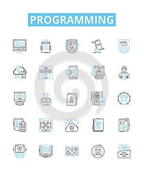 Programming vector line icons set. Programming, coding, scripting, coding language, algorithm, debugging, software