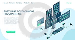 Programming web banner. Modern flat design isometric concept of technology for banner and website. Isometric landing page template
