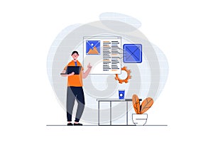 Programming web concept with character scene. Man making program and creating webpage layout at platform. People situation in flat