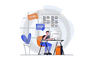 Programming web concept with character scene. Vector illustration