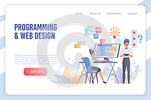 Programming and web design flat vector landing page template