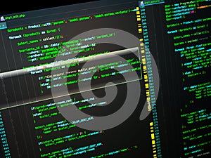 Programming. Web developing on the php language. PHP on black background, macro
