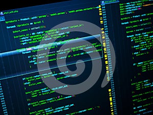 Programming. Web developing on the php language. PHP on dark blue background, macro