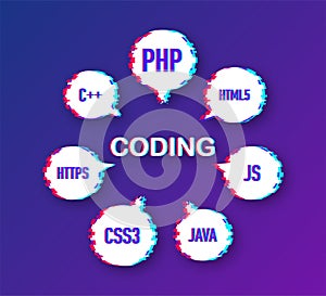 Programming, web development concept. Glitch icon. Code on the screen laptop. Vector illustration.