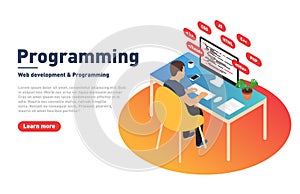 Programming and web development concept. Programmer is working on computer. Developer and modern workplace