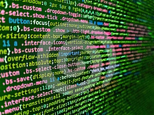 Programming, webdesign HTML printed code. Hi-tech modern screen of data, digits and chars on monitor display. Mobile app developer