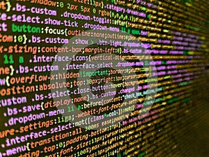 Programming, webdesign HTML printed code. Hi-tech modern screen of data, digits and chars on monitor display. Mobile app developer