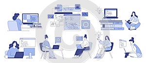 Programming with Woman Character Working on Web and Application Development Vector Set