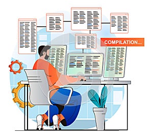 Programming working concept in modern flat design. Developer does compilation of program. Man creates software, working at