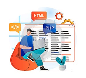 Programming working concept in modern flat design. Developer programs in html and php languages, creates software, working at