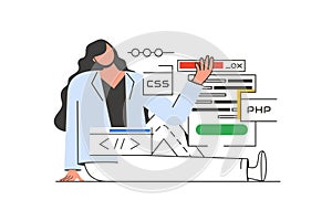 Programming working outline web concept with character scene. Vector illustration