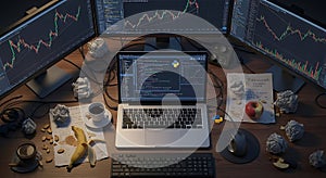 Programming workstation with multiple monitors displaying stock charts and code