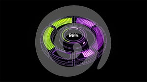 progress bar 3d 99 percent loading hud interface with neon green and purple on black