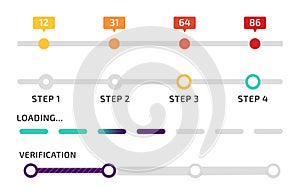 Progress bar. Infographic design. Chart numbers. Loading process. Measurement line. Sequence step icons. Verification