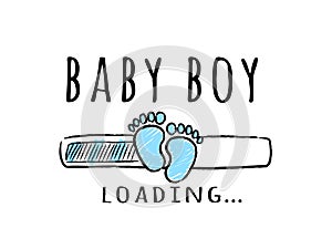 Progress bar with inscription - Baby boy loading and kid footprints in sketchy style. photo
