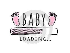 Progress bar with inscription - Baby loading and kid footprints in sketchy style. photo
