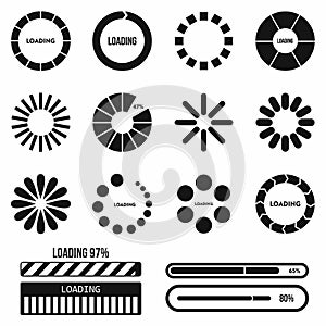 Progress bar and loading icons set in simple style