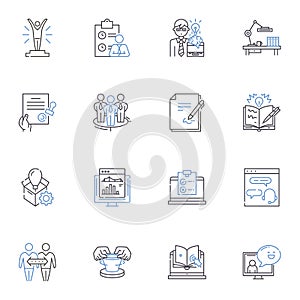 Progress check-in line icons collection. Accountability, Goals, Milests, Assessment, Evaluation, Report, Feedback vector