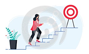 In progress concept. Business woman walking up stairs to their goal. Move up motivation, the path to the target`s photo