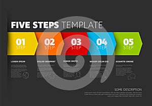 Progress five steps infographic template with dark background