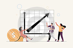 Progress graphic with success and growth rate on axis tiny persons concept.