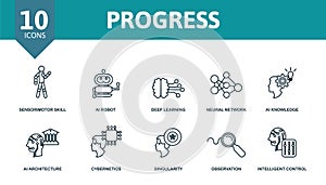 Progress icon set. Collection of simple elements such as the evolution, big data, sensorimotor skill, ai robot, neural photo