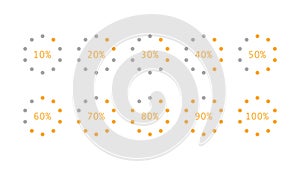 Progress indicator with percentage. Orange loading bar graphic. Round process loader from 10 to 100. Set of downloading and