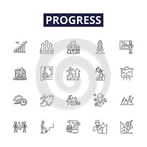 Progress line vector icons and signs. Evolve, Ascend, Grow, Succeed, Enhance, Boost, Progess, Improve outline vector