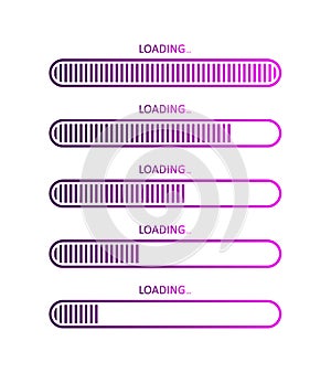 Progress of load bar. Icons of status download. Upload of website or program. Symbol for time and speed of load. Digital preloader