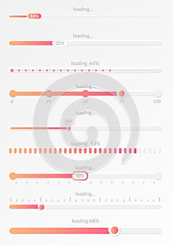 Progress load bar. Indicator of status download. Graphic icons of interface. Neon buttons of speed of upload. Color set