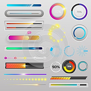 Progress loading bar indicators download progress ui-ux web interface design template file upload vector illustration