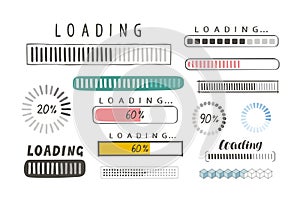 Progress loading bar, set of icons. Load symbol. Hand-drawn sketch vector