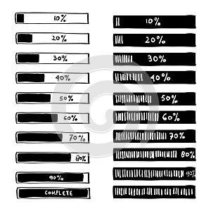 Progress loading bar, set of icons. Load symbol with handdrawn doodle style