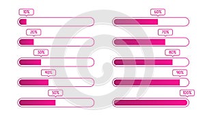 Progress loading bar. Vector download graphic. 10 to 100 completed