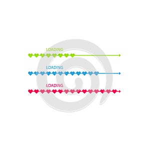 Progress status bar icon. Love loading collection. White heart. Funny happy valentines day element.Web design app